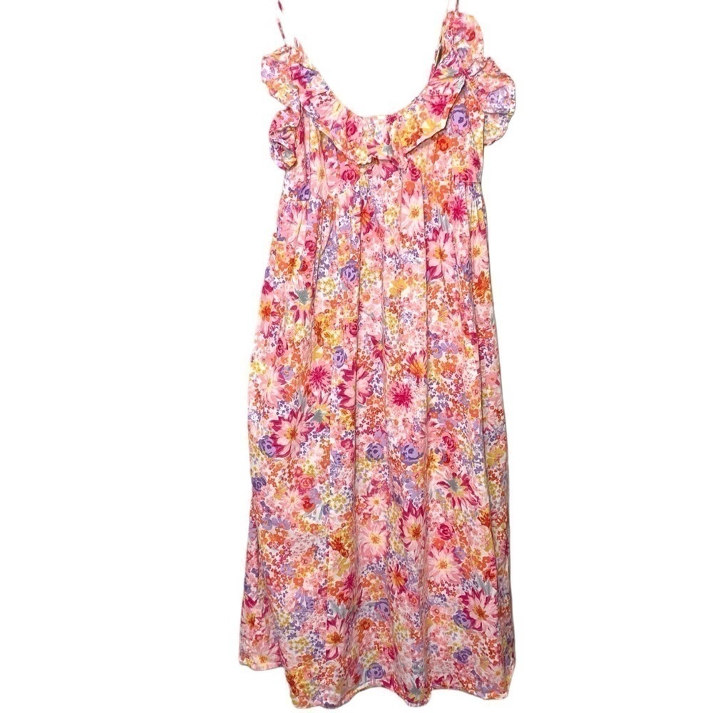 Floral Maxi Dress Pink Sz M Colorful Cotton Ruffle Neckline Boho Prairie - Picture 5 of 13